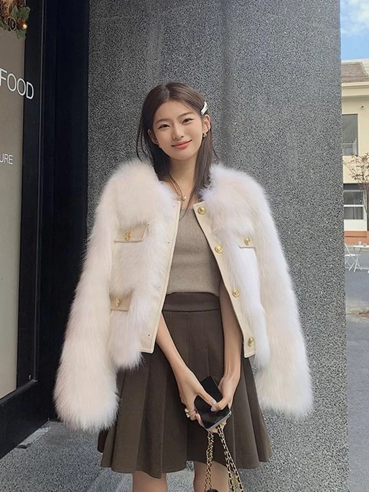 Zoki Elegant Faux Fox Chic Coat Women Korean Fashion Long Sleeve Casual Jacket Sweet All Match Female Design Sweet Winter Tops