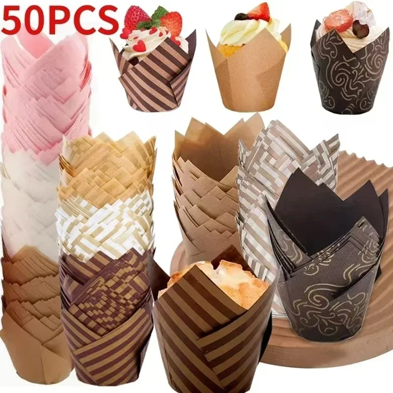 50 Uds. Taza de papel para pastel de tulipán, taza para magdalenas y postre, vasos con llamas, bandeja de papel desechable para hornear, resistente a altas temperaturas, bandeja de papel a prueba de aceite para pasteles