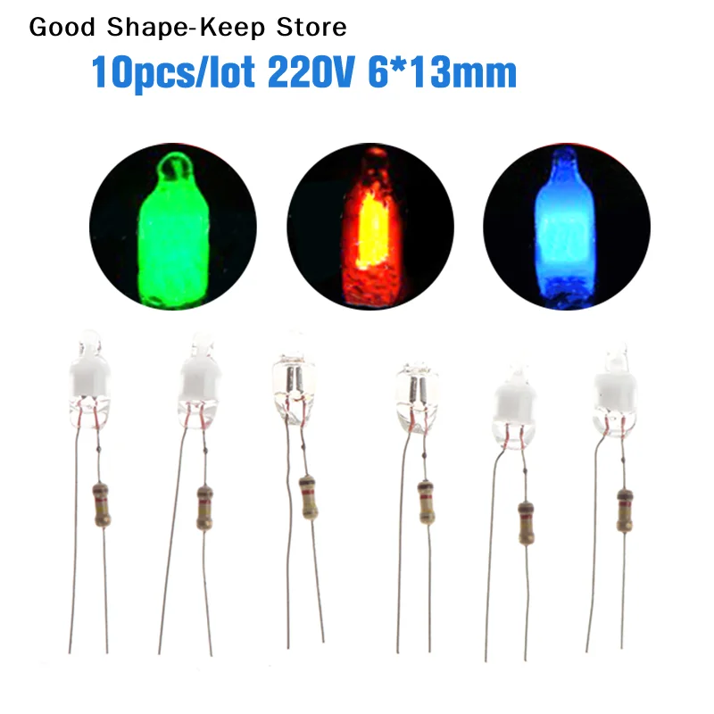 daily10Pcs Neon Indicator Light Green Red Blue Signs 6mm Neon Lamp Glow 2 Copper Wire 6X13mm Neon Indicator BulbsDaily products