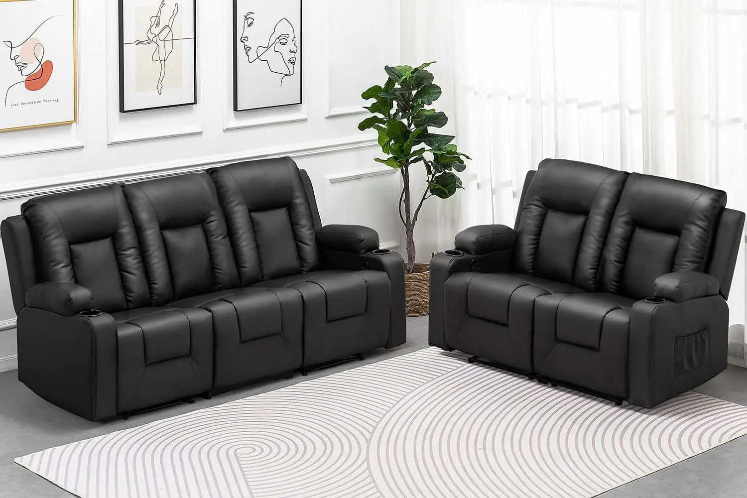 Recline Chair Set，Furniture 2PC Bonded Leather Recliner Set Living Room Set, Sofa, Loveseat（Black,Living Room Set3+2）