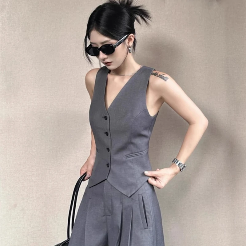 

Fashion Women Vest Classic Gray Sleeveless Outerwear Vests for Women Chic V-Neck Single-Breasted Ladies Elegant Waistcoat Tops