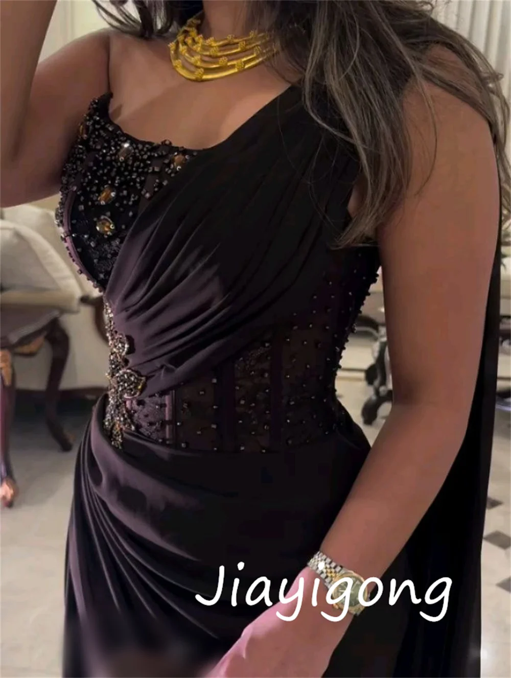 Customized Exquisite Jersey Sequined Pleat A-line One-shoulder Long Dresses Bespoke Occasion High Quality image 6