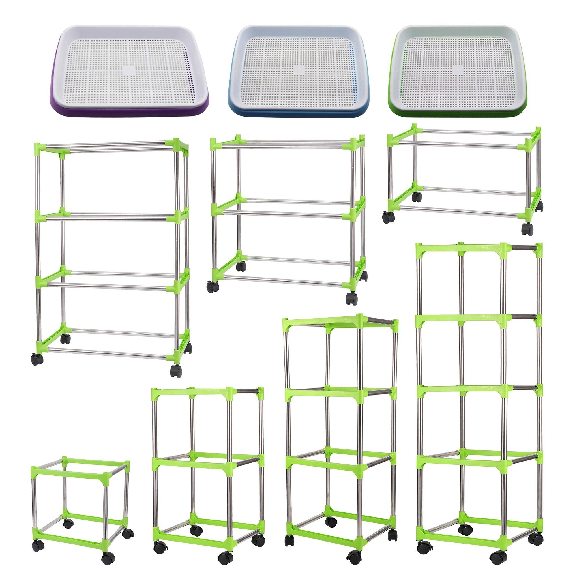 Super Strong Stainless Steel Plastic Rack Plant Rack with Adjustable Shelves and Wheels Plant Seedling Nursery Storage Tray