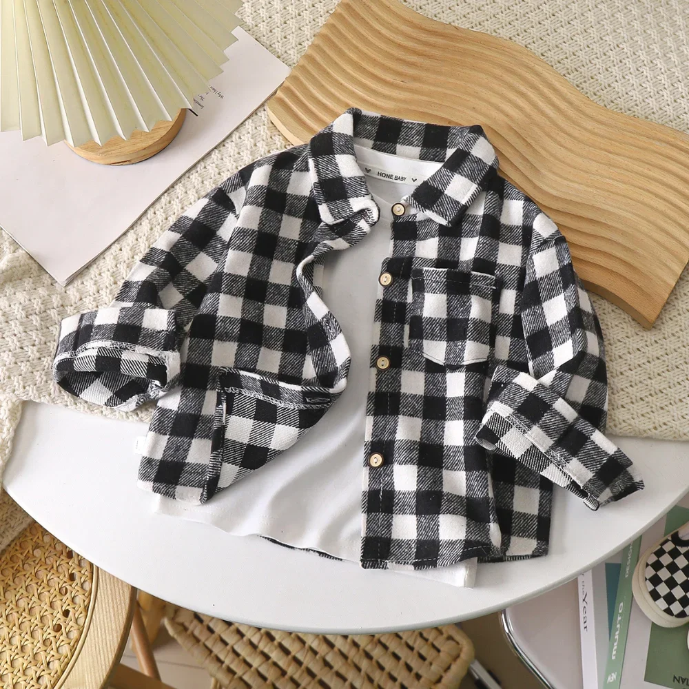 Korean Girls' Coat Black and White Checkered Single Breasted Shirt Collar Jacket Spring and Autumn Casual Children's Clothing