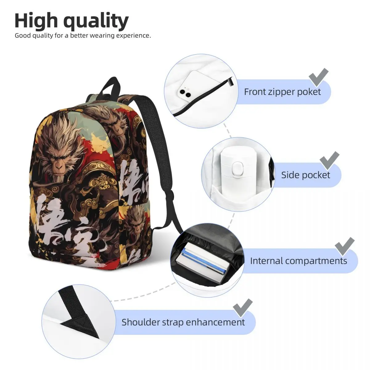 Mochila clásica Black Myth Wukong Monkey King, bolsa de lona para ordenador portátil, regalo para estudiantes, senderismo, viajes, juego chino, 2024