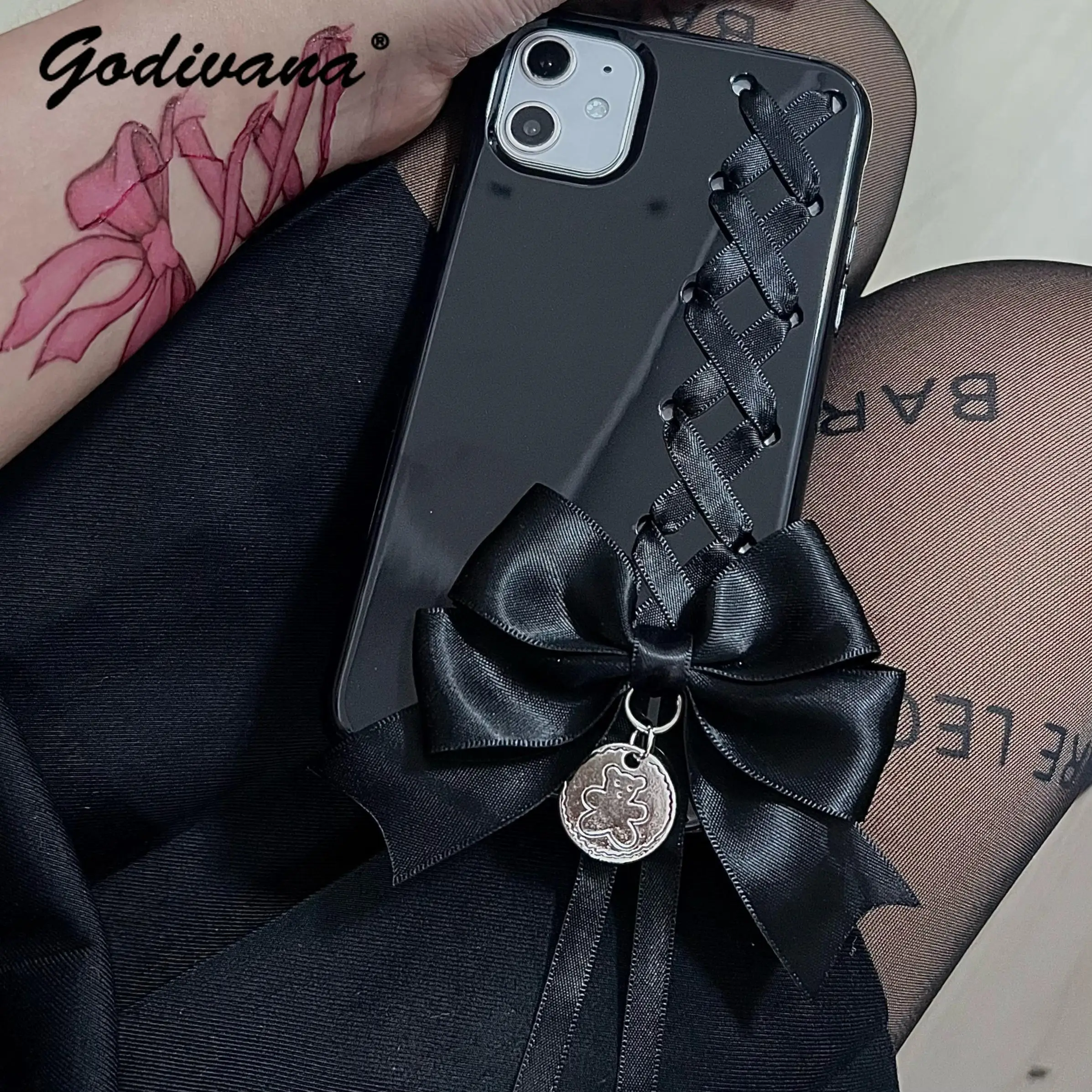 

Original Mine Series Black Ribbon Bow Iphone14promax Hot Girl Phone Case 15pro Sweet Cool Iphone X Girls Black Phone Case