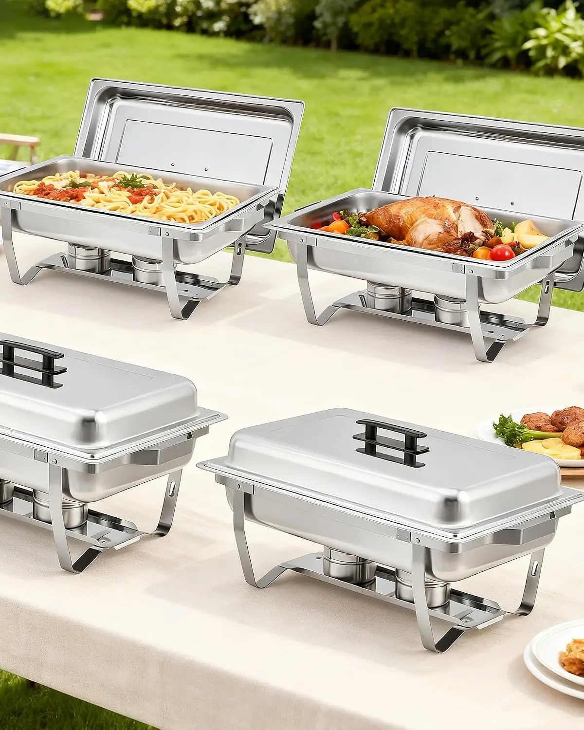 2-Pack 8 Qt Chafing Dishes for Buffet, Rectangular Stainless Steel Buffet Servers & Warmers with Lids & Foldable Frames, Catering Supplies for Parties & Weddings, Silver