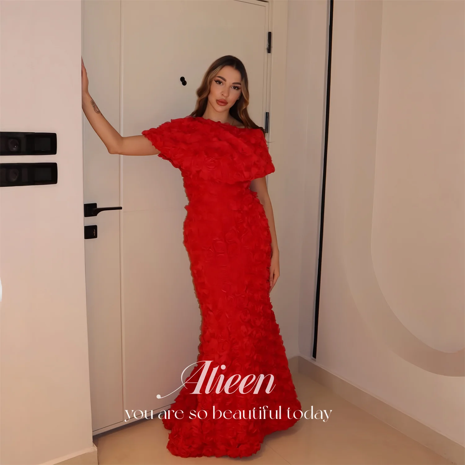 

Evening Dress Women European Red Tulle Off-Shoulder Mermaid Flowers Formal Events Aileen Short Floor-Length 2026 Customized