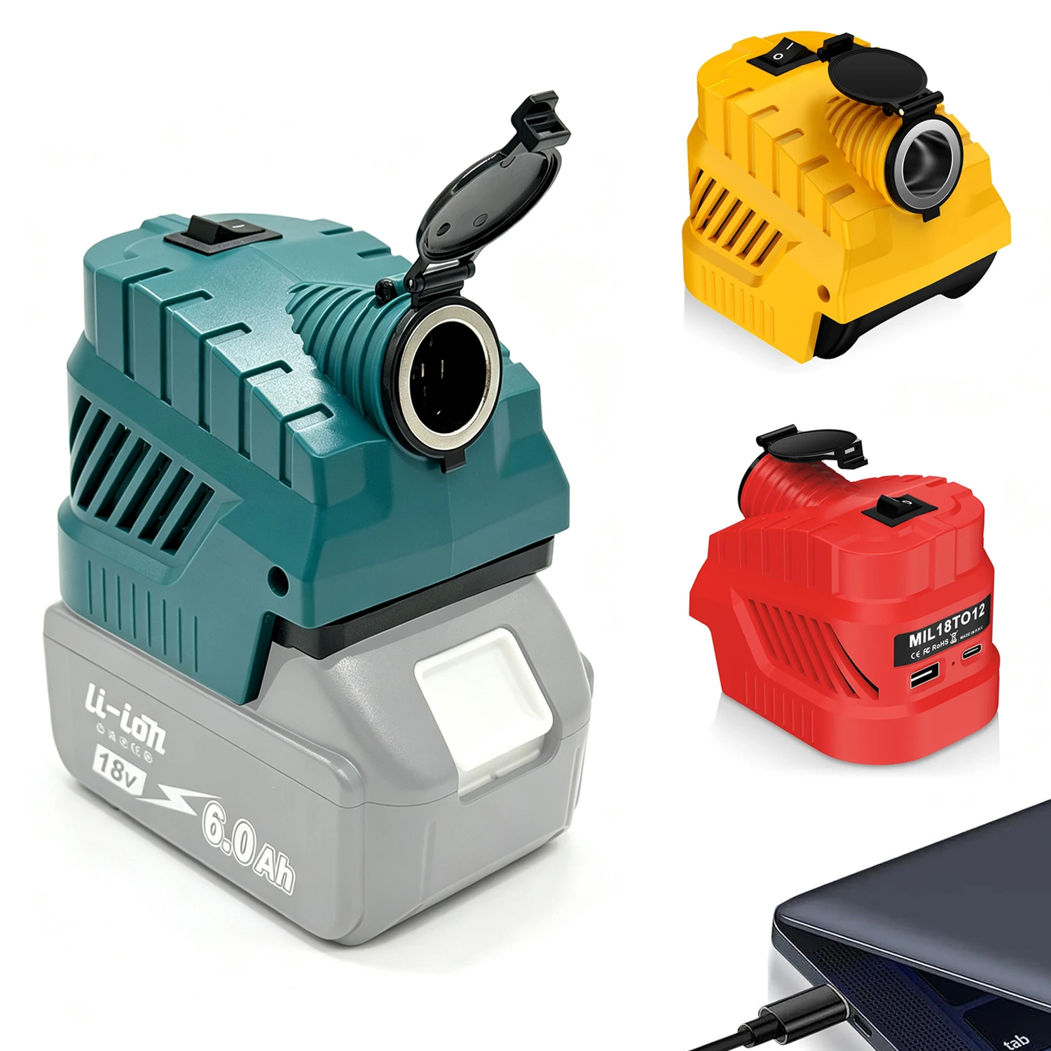 Spannungswandler für Makita/Milwaukee/Dewalt, 20V auf 12V Stromversorgungsadapter, Auto-Zigarettenanzünder mit USB- und Typ-C-Anschluss – Detail 1