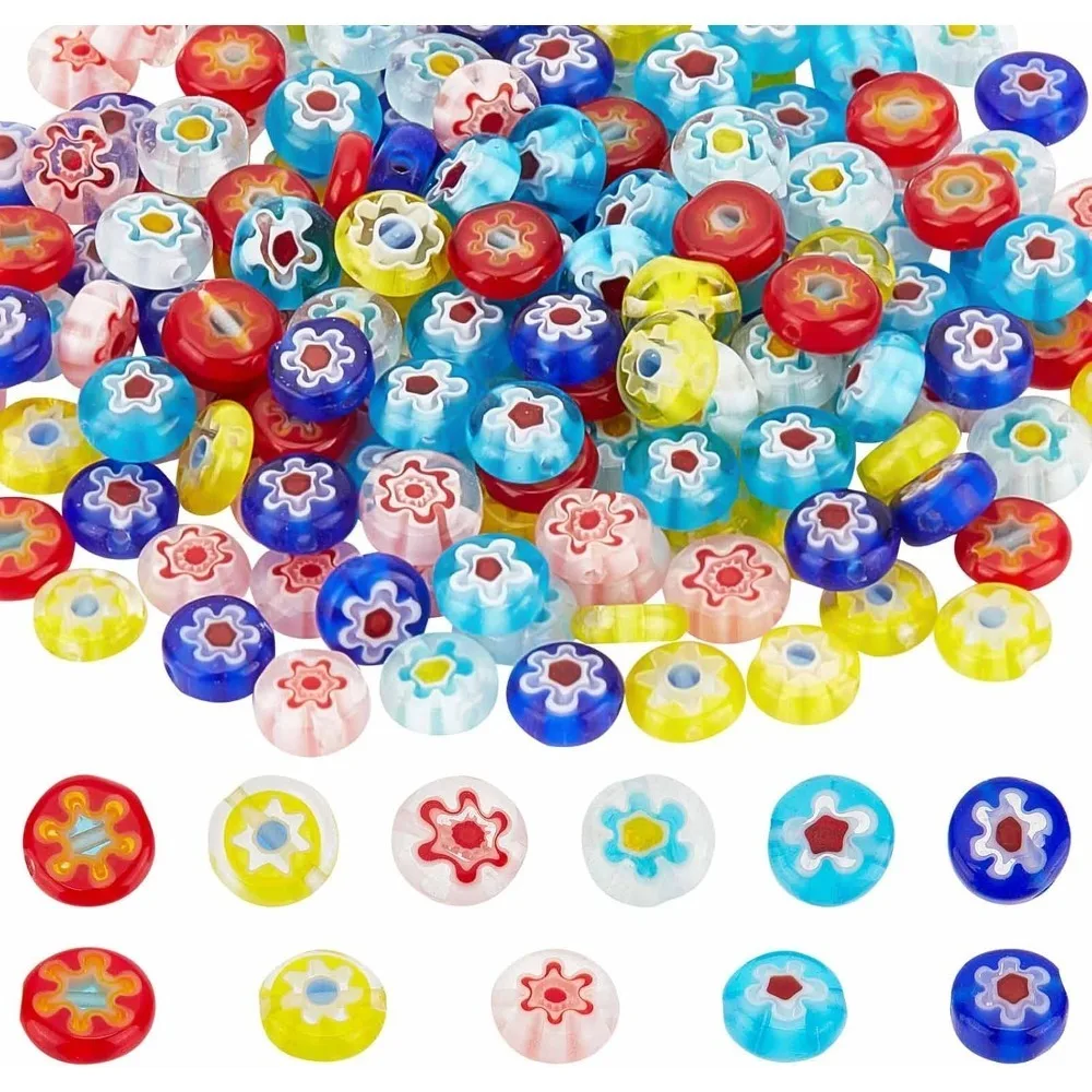 

1 Box Flower Glass Beads Lampwork Handmade Millefiori Beads Flat Round Flower Loose Spacer Bead for Jewelry Making