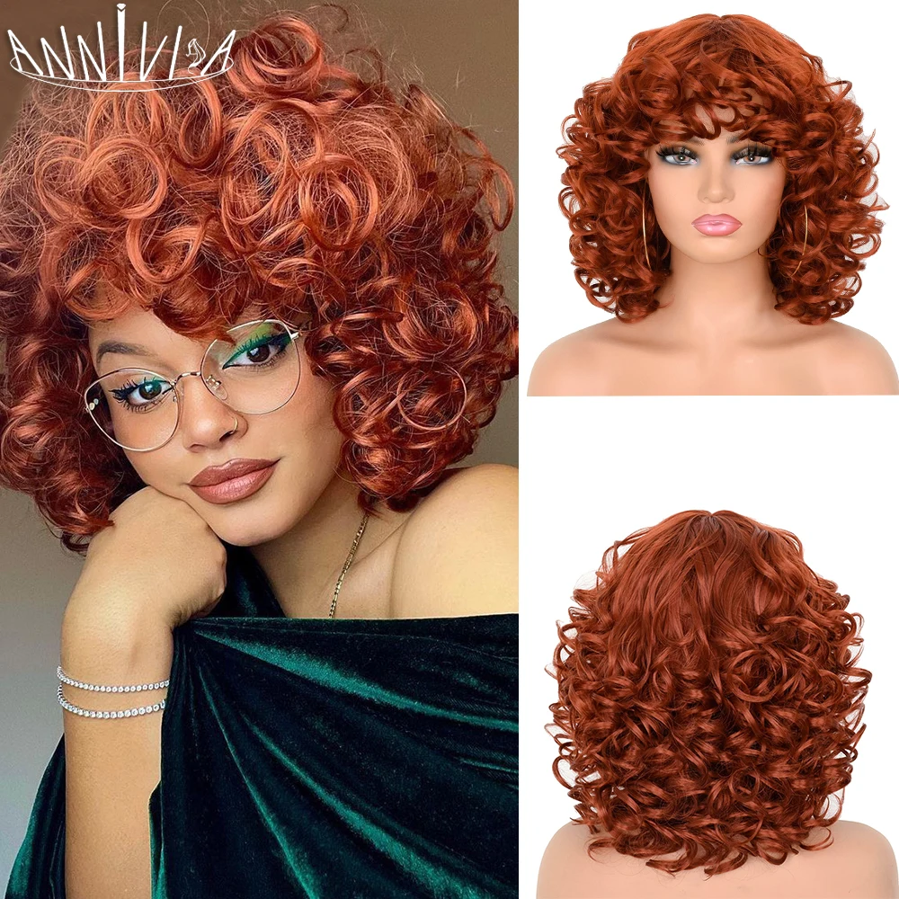 Copper Red Curly Wig Afro Short Kinky Curly Big Bouncy Wig with Bangs for Women Synthetic Hair Wig for Daily Use Party Cosplay