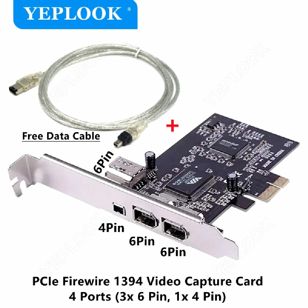 

PCIe x1 IEEE Firewire 1394 DV Камера Аудио HD Видеозахват Карта адаптера 3x 6Pin + 1x 4-контактный порт с 6-контактным кабелем на 4-контактный 800 Мбит/с
