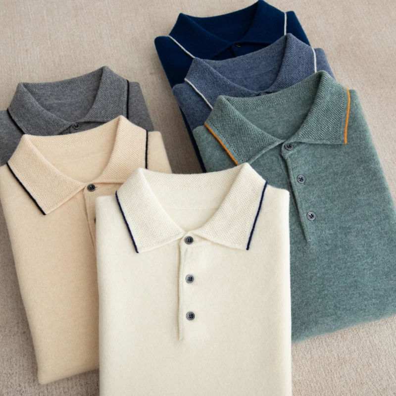 Autumn And Winter 100% Pure Wool Short-Sleeved Sweater Men's Casual Knitted Half-Sleeved Shirt Loose Polo Collar