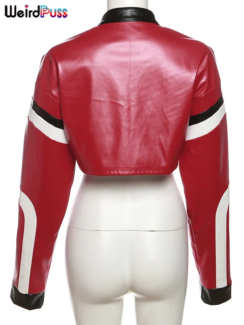 Weird Puss Faux Leather Varsity Jacket Women Hipster Letter Print Autumn Casual Sporty Wild Streetwear Uniform Trend Crop Coat 6 Weird Puss Faux Leather Varsity Jacket Women Hipster Letter Print Autumn Casual Sporty – view 6