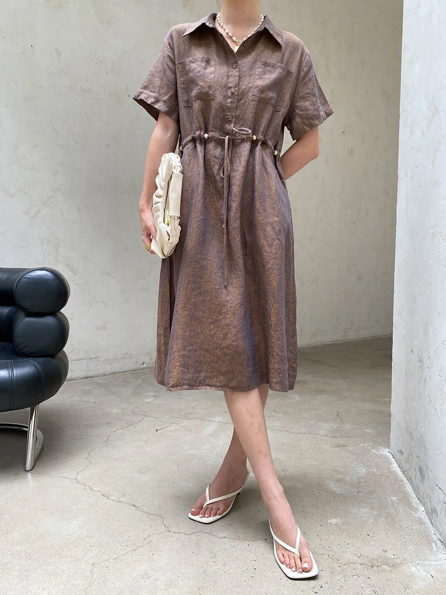 Sommerliches Damen-Freizeitkleid in Uni-Farbe mit Perlenbesatz, Kordelzug und tailliertem Schnitt – Detail 14
