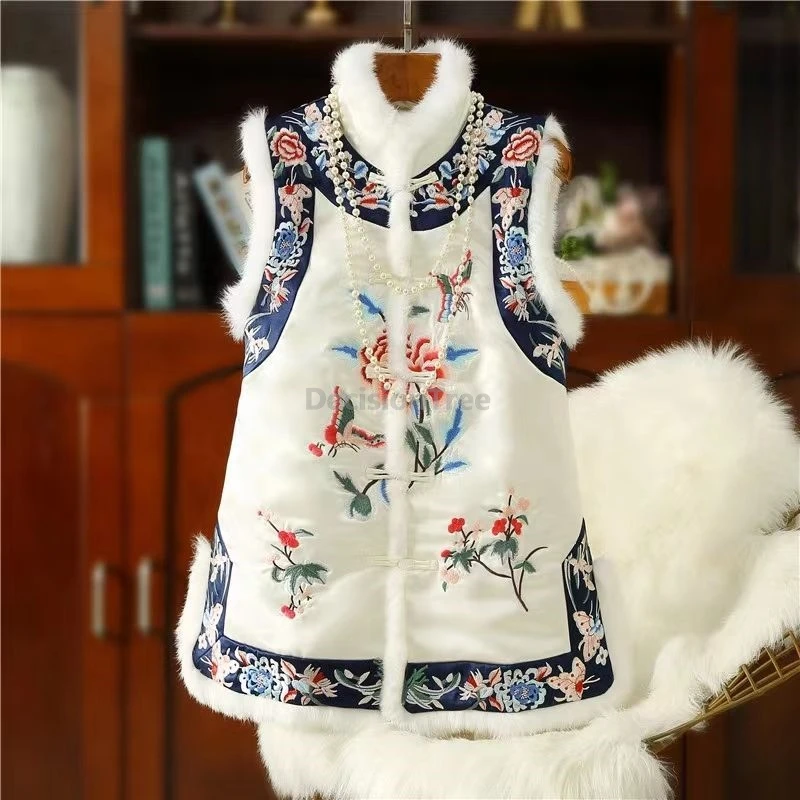 

2026 exquisite printed chinese vest imitation rabbit fur warm winter qipao vest elegant literature art improved hanfu waistcoat
