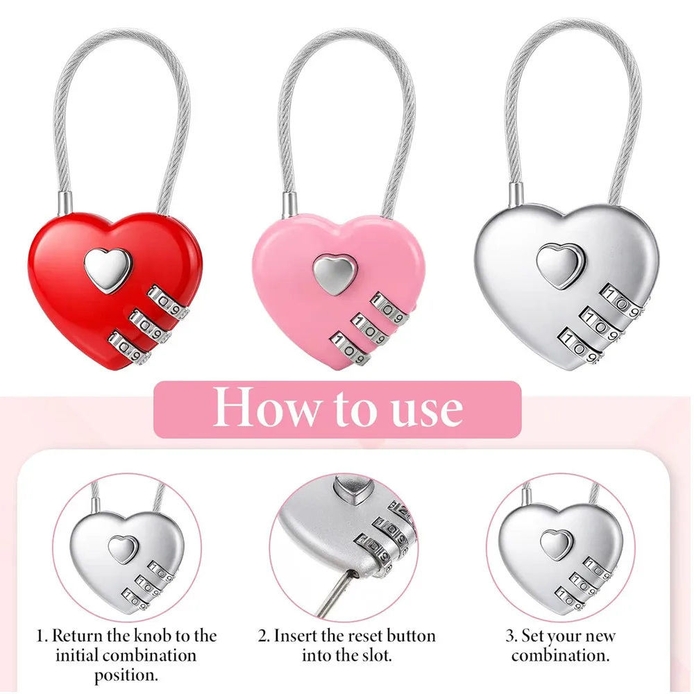 Pink Heart-Shaped 3-Digit Combination Cable Lock – Portable Steel Wire Padlock for Luggage, Locker– Cute Love Lock for Gifts - view 5