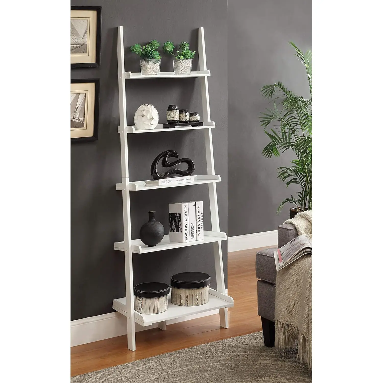 White 5-Tier Leaning Bookcase Ladder Shelf Slanted Wall Display Bedroom Office Living Room Farmhouse Mid-Century Veneer, Customi