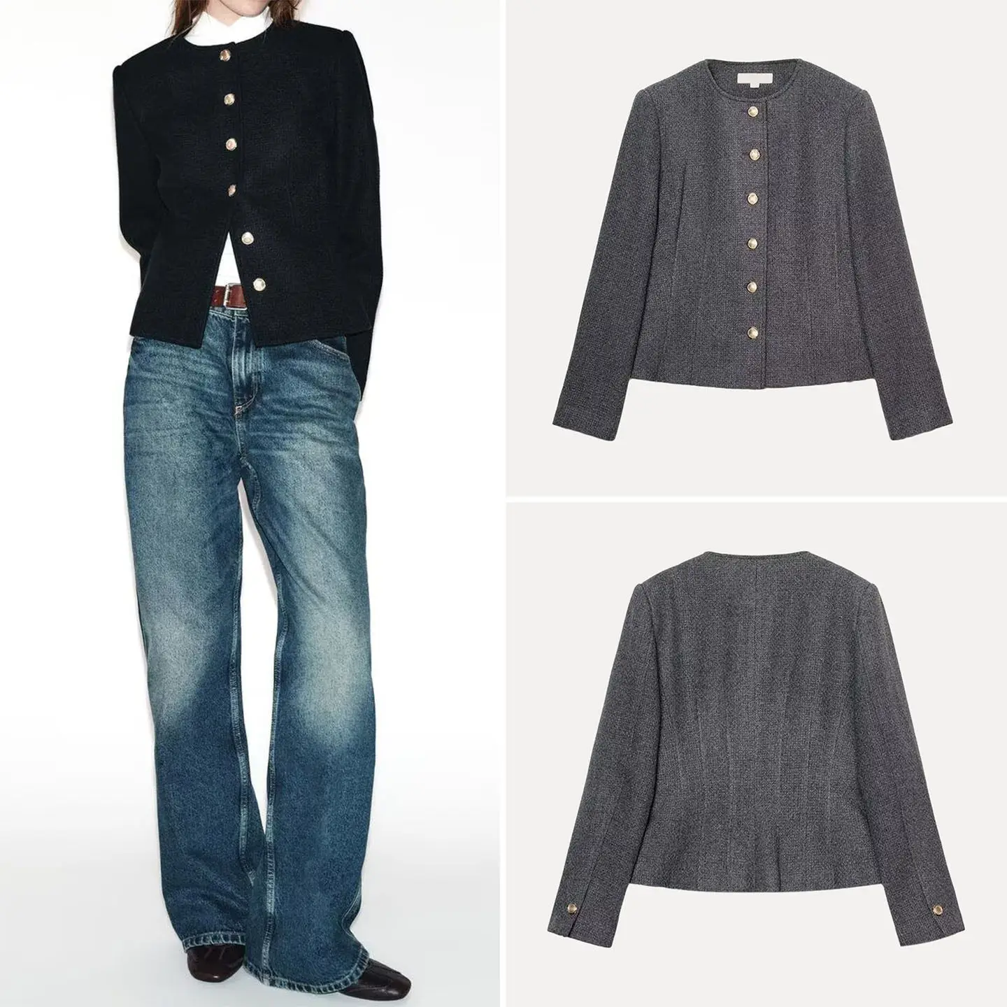 

Модный женский приталенный жакет с круглым вырезом на зиму 2025 года, универсальная элегантная короткая верхняя одежда на пуговицах