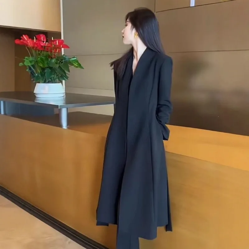 2026 Fashion Largesize Black Trench Coat Women's X-long Windbreaker Spring Autumn V-neck Loose Lady Sashes Outerwear 100kg Wear