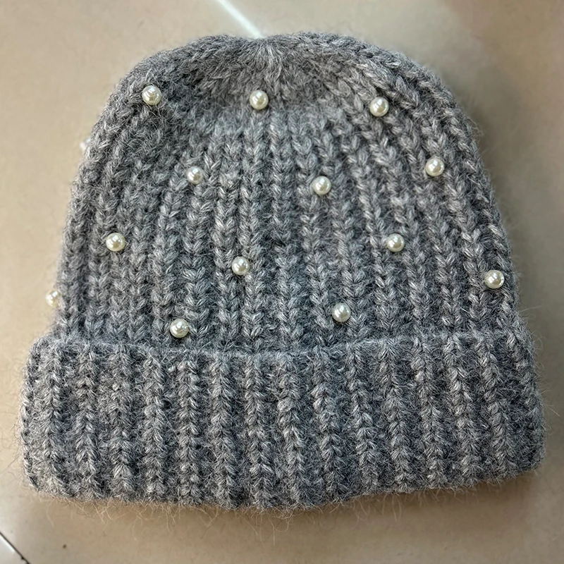 Women's Winter Knit Beanie Hat Soft Warm Faux Pearl Embellished Wool Blend Yarn for Casual Outfit Gift