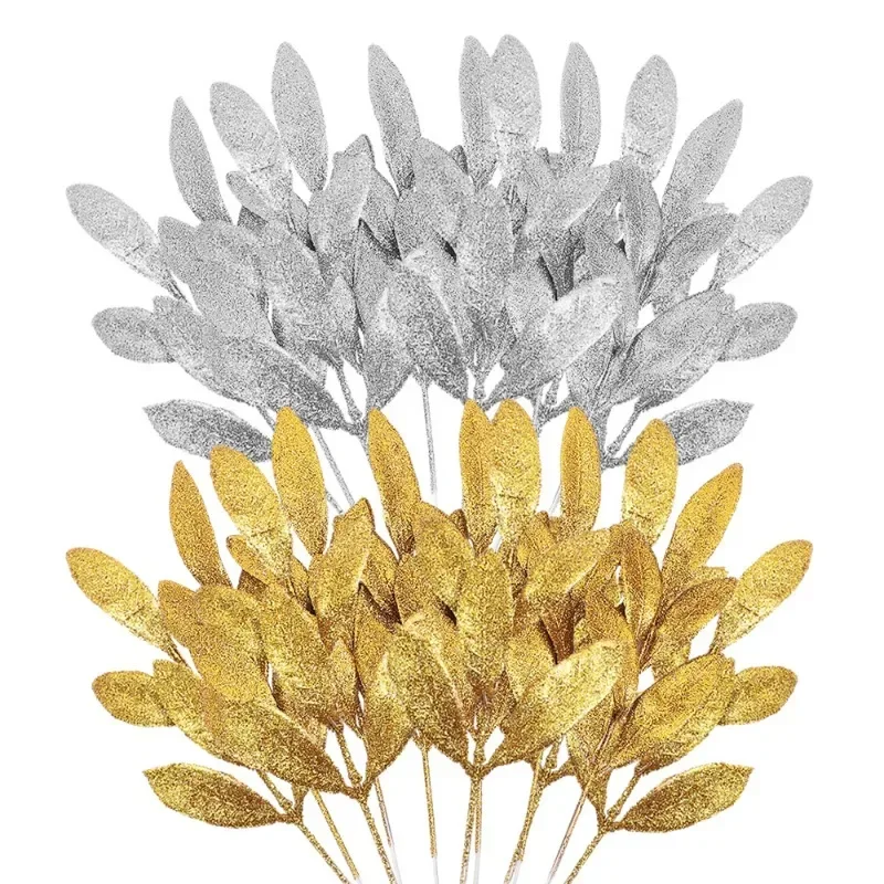 10pcs Glitter Artificial Leaf Stem, Simulated Olive Fake Leaves Branches for Christmas Wreath Garland Home New Year DIY Decor