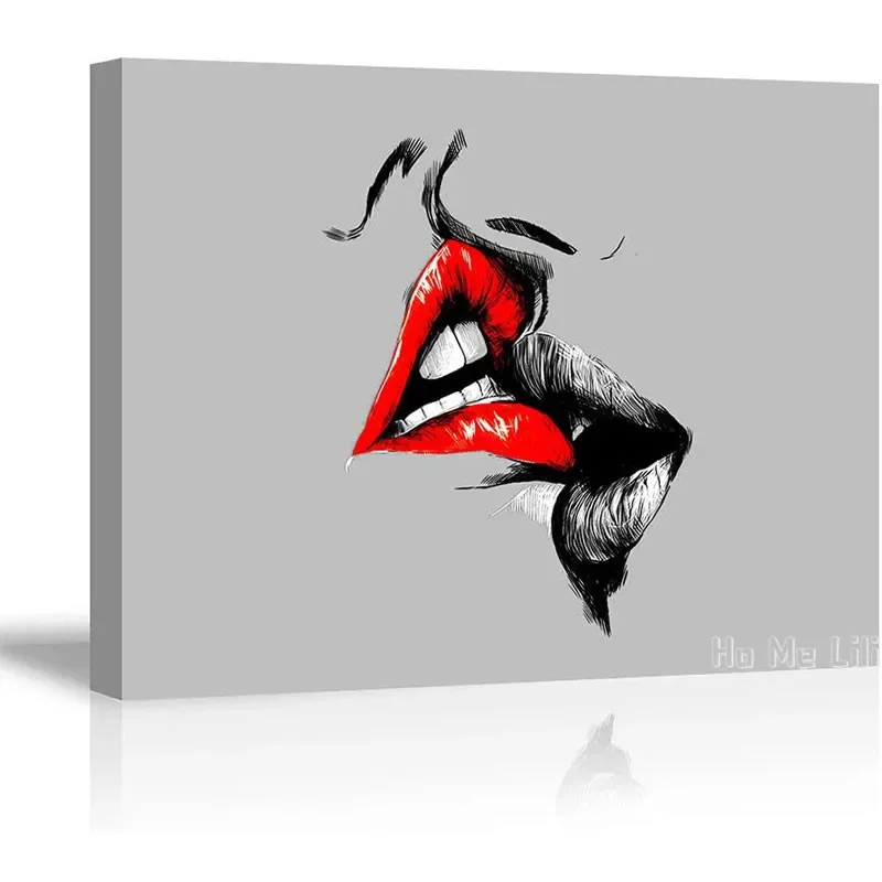 Abstract Sketch Red Lips Canvas By Ho Me Lili Wall Art Lover Kiss Painting Black White And Gray Picture Romantic Home Decoration