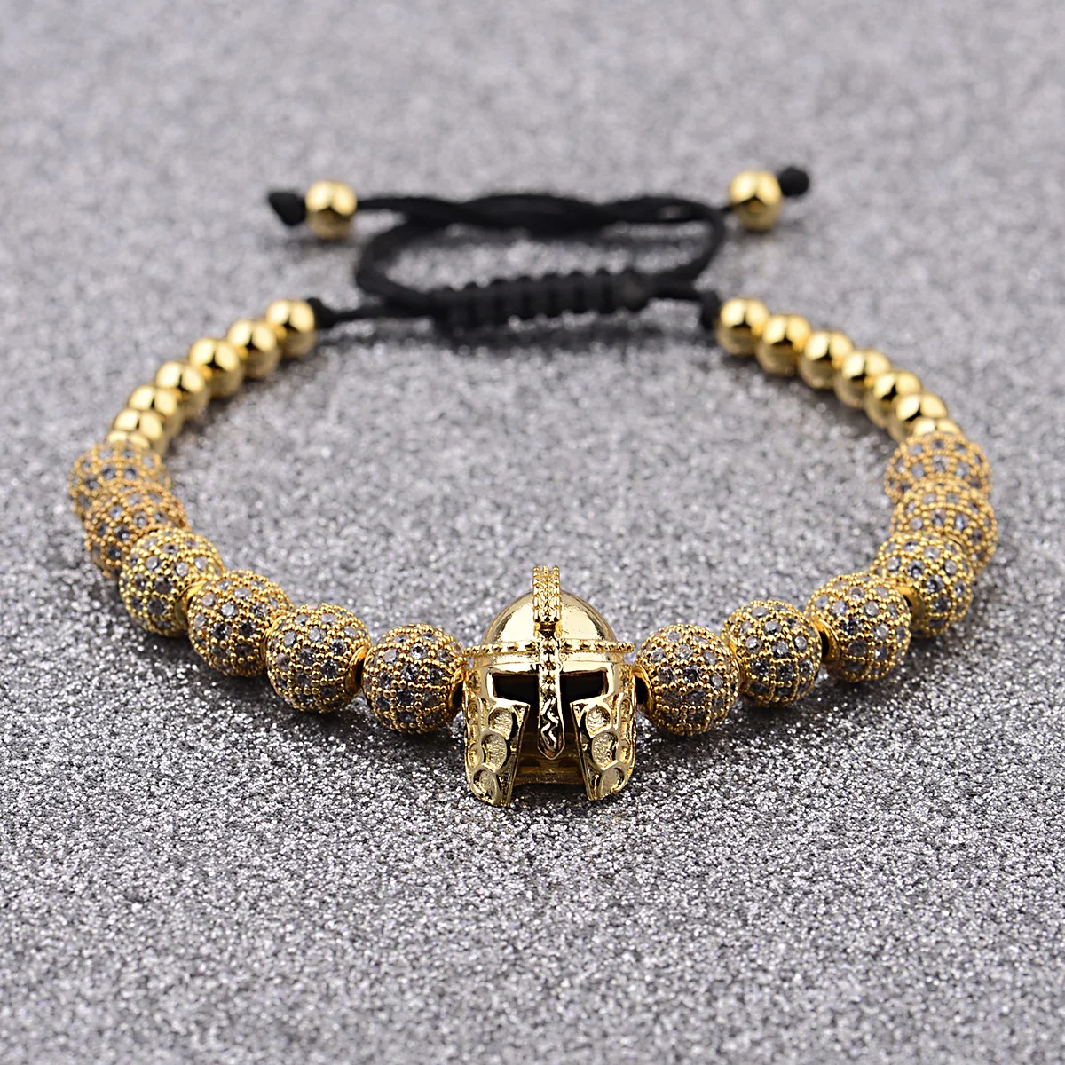 Luxury Men Spartan Warrior Helmet Bracelet Cubic Zirconia Pave Round Beads Adjustable Braided Rope Bracelets Punk Jewelry