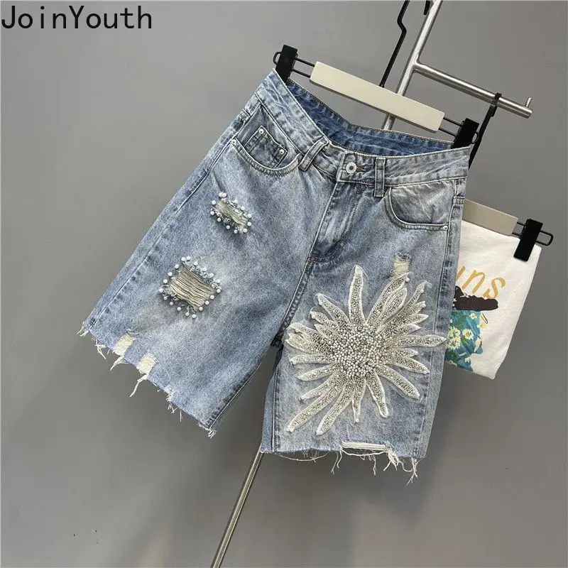 Heavy Beading Pantalones Cortos De Mujer Y2k Shorts for Women 2024 New Bottoms High Waist Fashion Casual Hole Wide Leg Pants