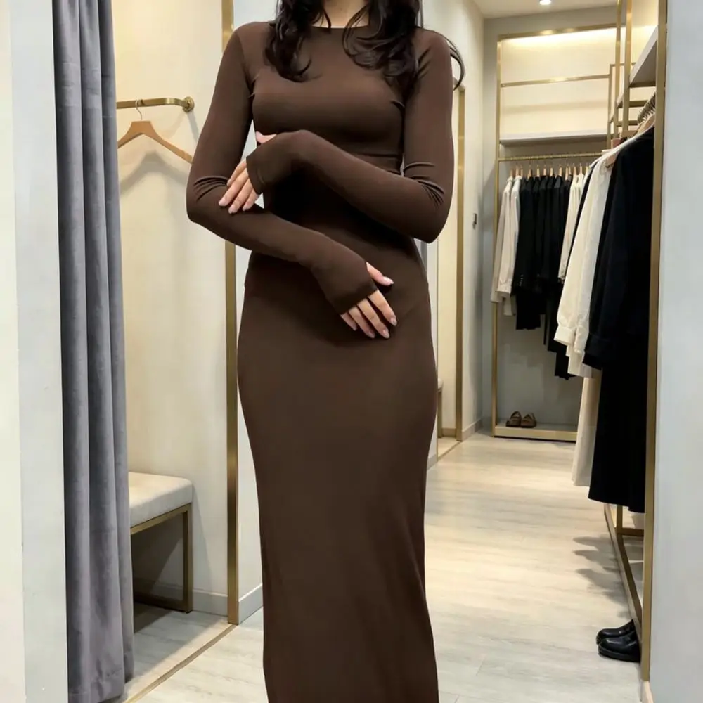 Sexy Slim Fit Bodycon Long Dress Women Elegant Fall Fashion Dresses Long Sleeve Casual Round Neck Solid Color Street Style