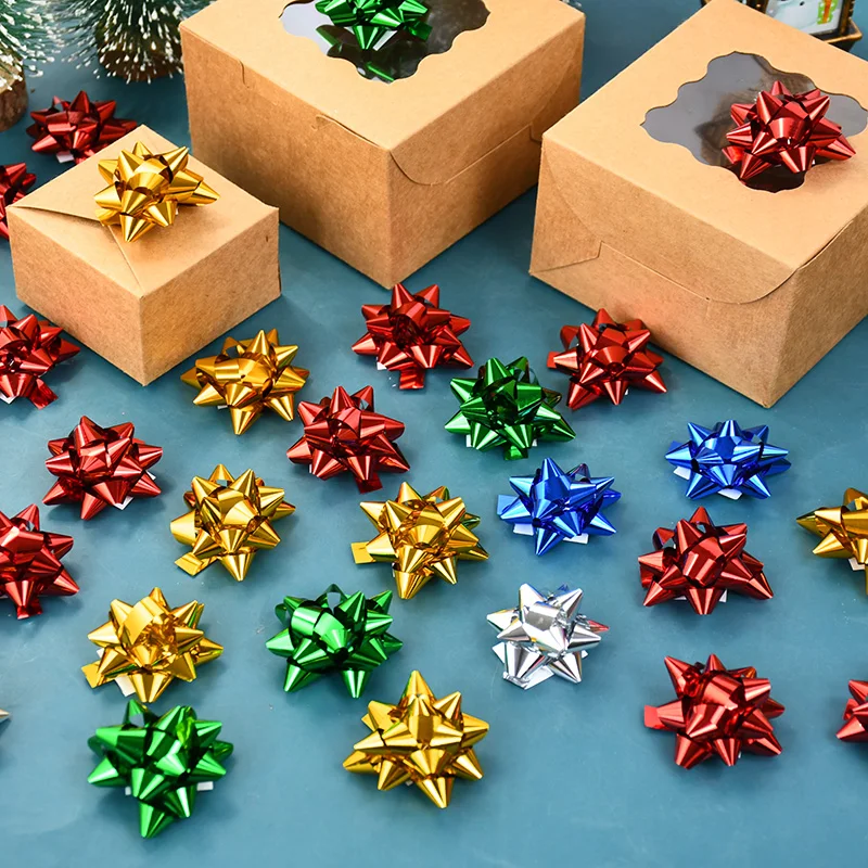 100Pcs 4cm Christmas Gift Bow Colorful Star Bows For Present Packaging Self-adhesive Ribbon Birthday Wedding Xmas Gift DIY Decor