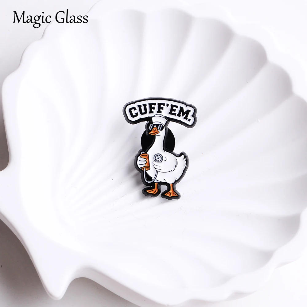 Cuff'em Police Goose Enamel Pin, Cartoon Cop Duck With Handcuffs Lapel Brooch, Funny Meme Animal Badge Backpack Decor Gift