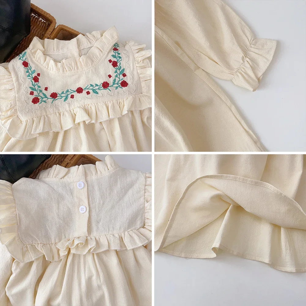 2023 New Spring Autumn Flower Embroidery Design Girls\' Dress French Round Neck Ruffle Cute Girls\' Long Sleeve Skirt