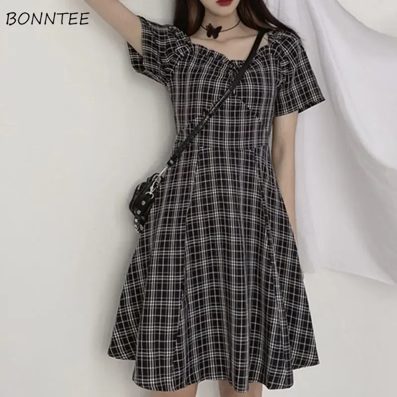 M-4XL Dresses Women Plaid Simple Basics Leisure All-match Summer Daily Sweet Korean Style Tender Age-reducing Elegant Delicate