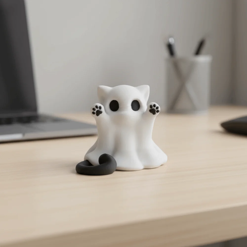 Spooky 3D-printed Halloween Kitten Ghost Ornament Hand-Raising Posture Plastic Ghost Cat Ornament Mini Ghost Cat Figurine Gift