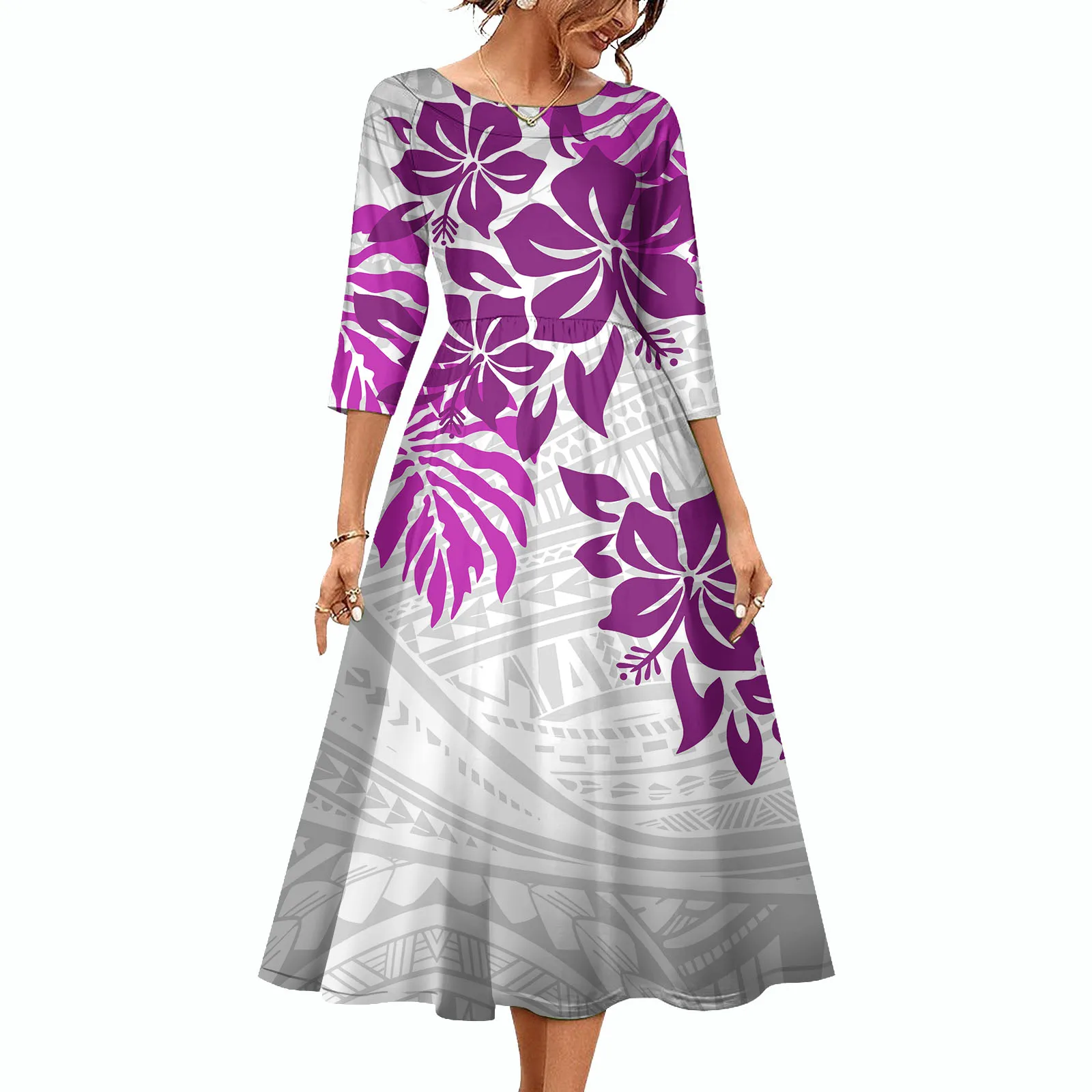 New Design wholesal Polynesian Elei Tribal Design Custom Personality Fashion Women Long-Sleeved Pleated Dress