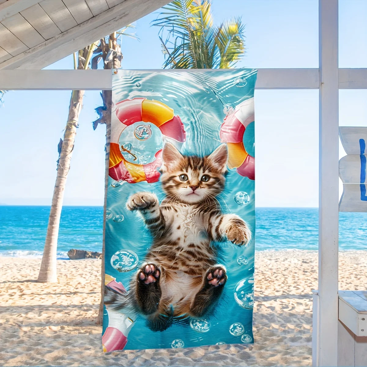 Microfiber Oversized Beach Towel Cat Swimming Ring Print Soft Machine Washable Animal Theme for Pool Bath Lounge Chair Adults