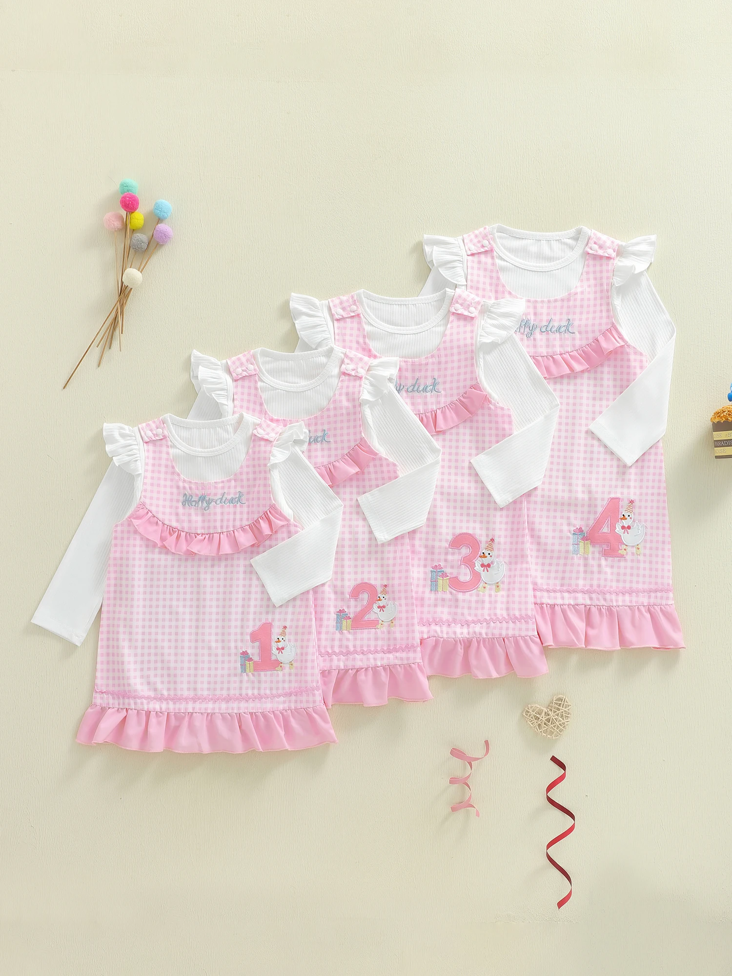 Dwuczęściowy zestaw dla dziewczynek: bluzka z długim rękawem i okrągłym dekoltem oraz sukienka ogrodniczka z denimu, strój urodzinowy dla dzieci.