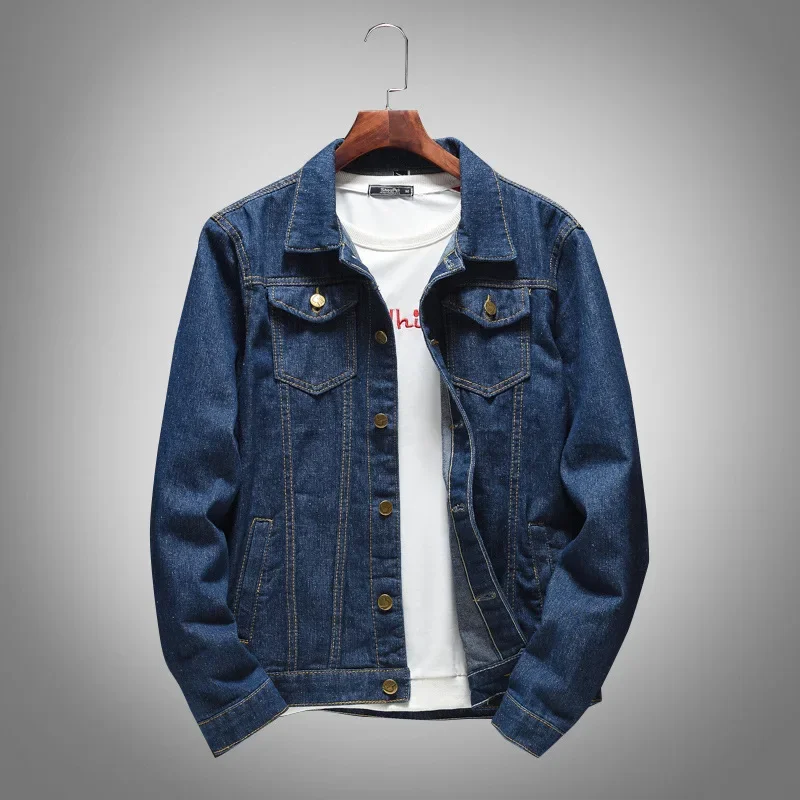Spring Autumn New Fashion Men's Casual Trendy Slim Dark Blue Solid Color Jeans Jacket Skorean Multi Pocket Denim Coat Streetwear