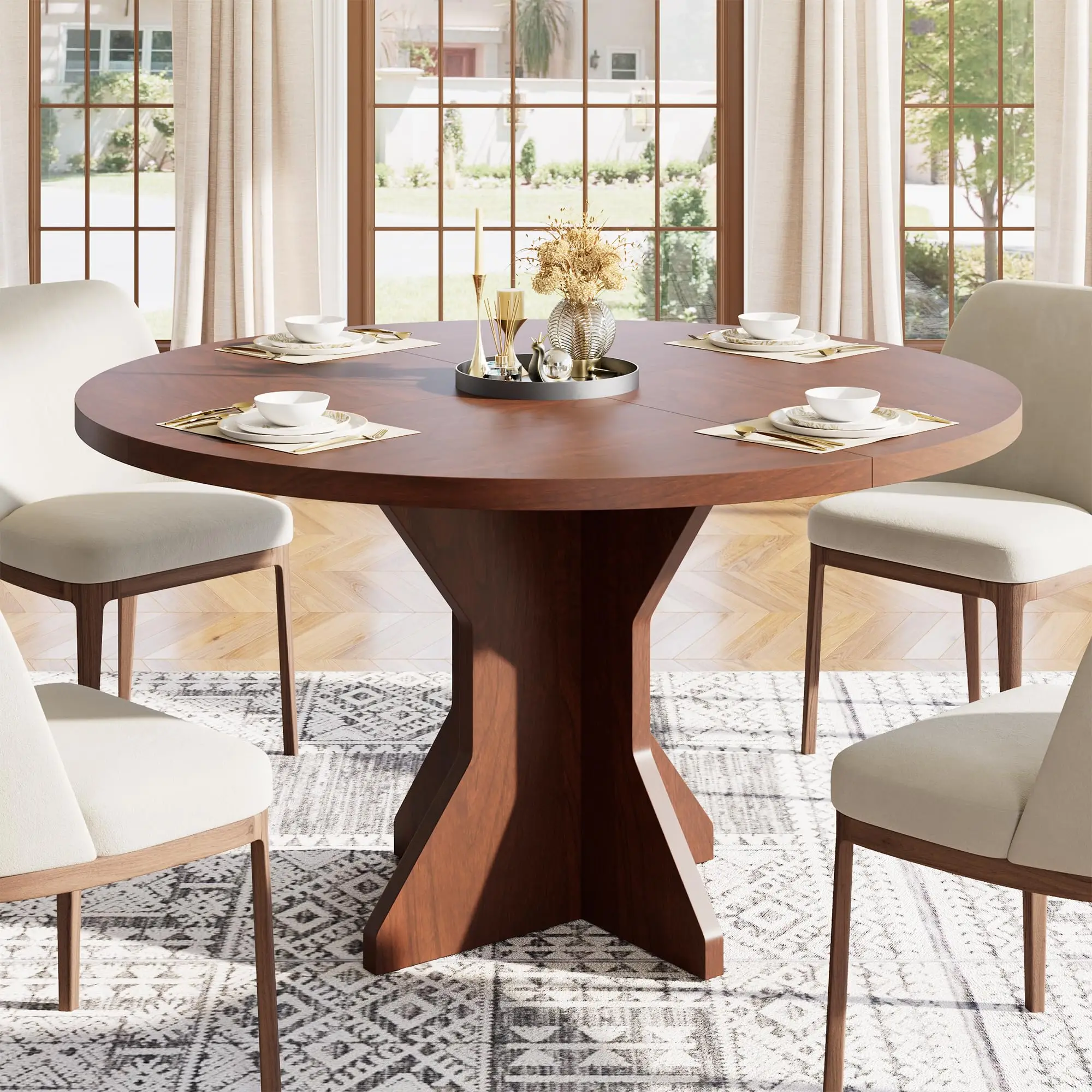 Round Dining Table for 4-6 People, 120cm Dining Room Table with Wooden Pedestal Base, Dinner Tables, Circle Kitchen Tables for Dining Room, Kitchen, Living Room (Table Only)
