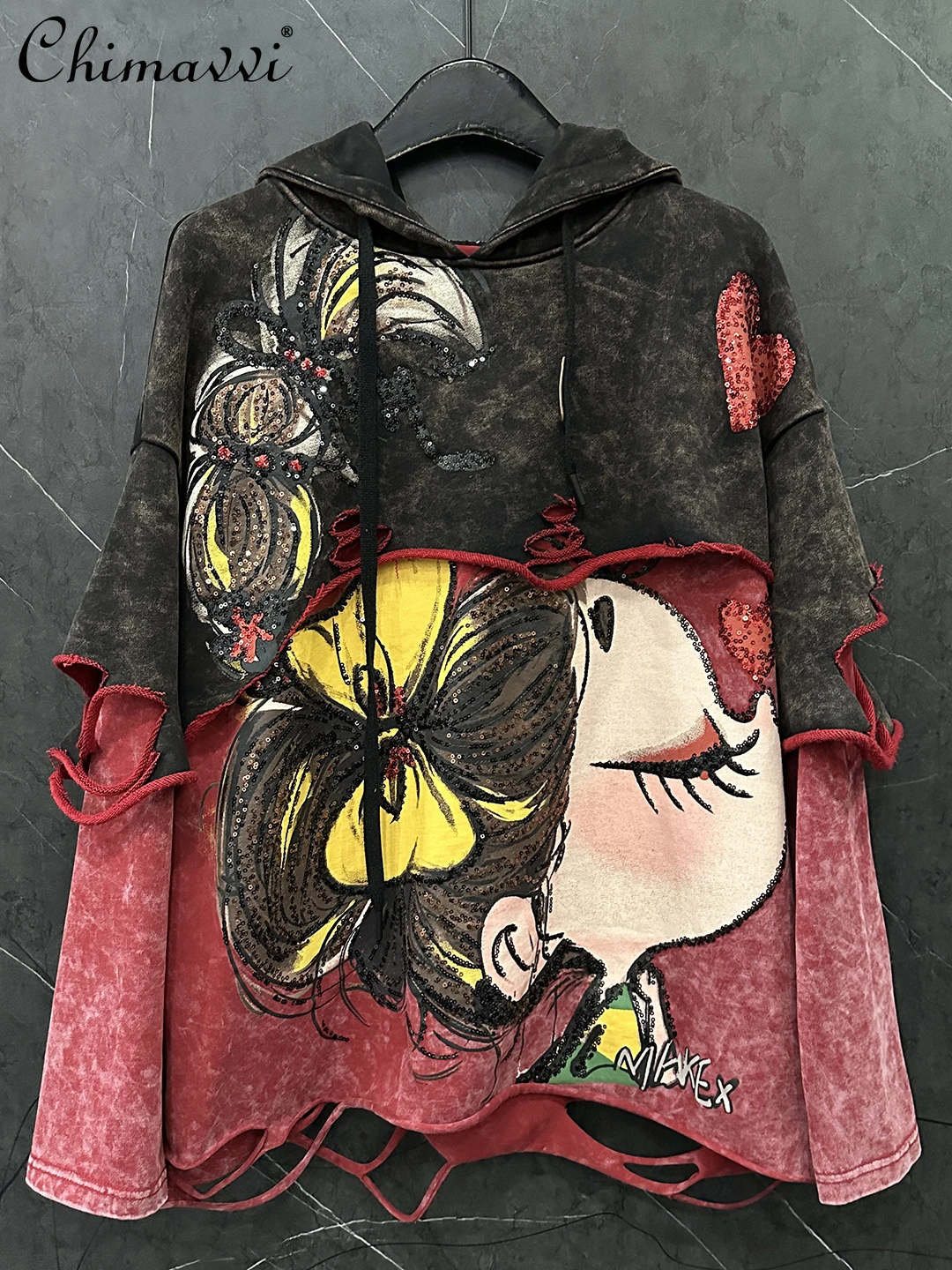2025 Autumn New Fashion Heavy Distressed Fake Two-piece Cartoon Girl Hooded Color-blocking Sweatshirt Women's Loose Casual Top