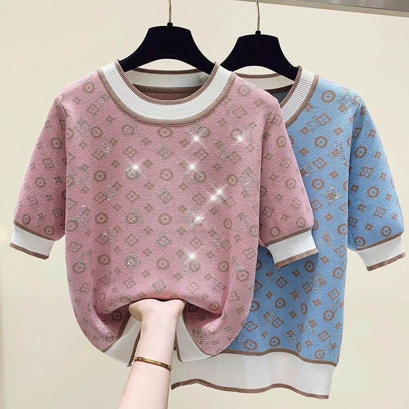 2023 Spring Summer Women Sweater Fashion Short Sleeve Sweater Female Knit Glitter Stones T Shirt Femme Vintage Slim Summer Tops