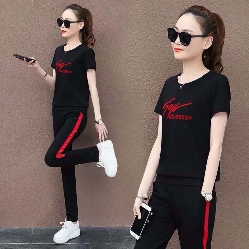 Women\'s Casual Sports Suit 2023 Spring And Summer New Korean Loose Short Sleeve Tops Pants Two Piece Set Student Running Outfits