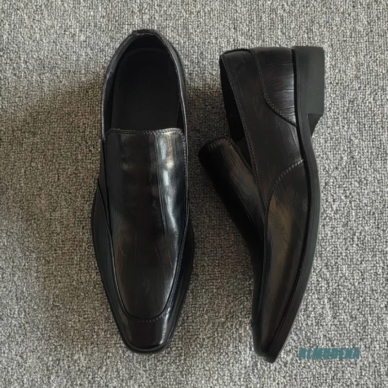 

Black Genuine Leather Men's Square Toe Loafers Slip On Low Heel Formal Business Casual Office Daily Wedding Party Dress Shoes