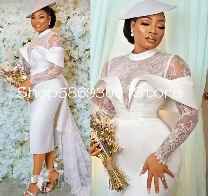 Aso Ebi Plus Size White Civil Wedding Dress Lace Satin Short Mini Full Sleeves Vintage Wedding Dress Pearls customized