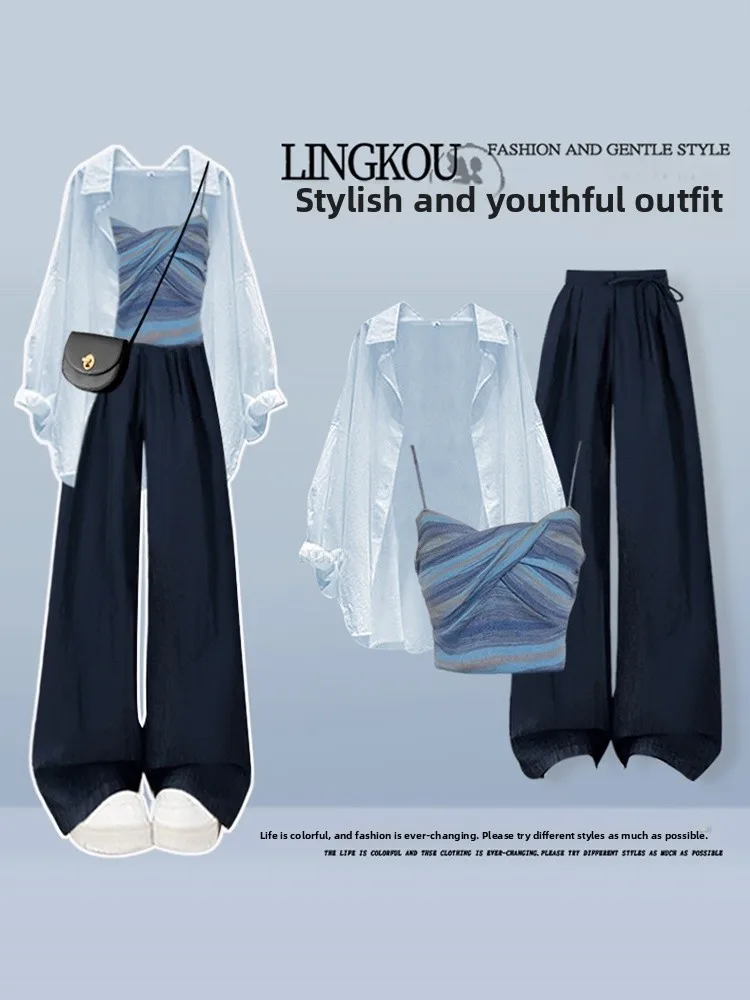 Ladies Korean Style Three-Piece Set Sun Protection Shirt Vintage Strap Loose Casual Pants Long Sleeve Shirt Button Style