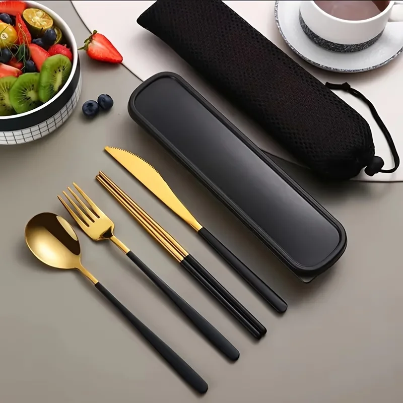 4-Piece Stainless Steel Portable Cutlery Set: Includes Fork, Knife, Spoon and Chopsticks - Perfect for Dining on the Go and out