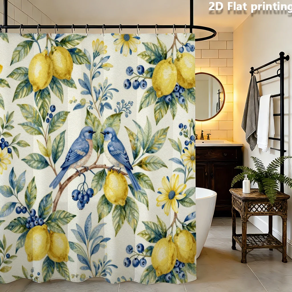 Floral Lemon Bird Shower Curtain, Cream Fabric Blue Fruit Yellow Bloom Simple Pattern Waterproof Partition Curtain Home Shower