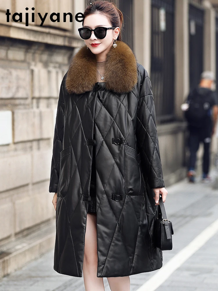 TAJIYANE 100% Skóra Owcza Kurtka Puchowa z Kaczym Puchem Damska Luksusowa Kurtka z Kołnierzem z Futra Lisa Płaszcz z Prawdziwej Skóry Odzież Zimowa Damska 2025 코트