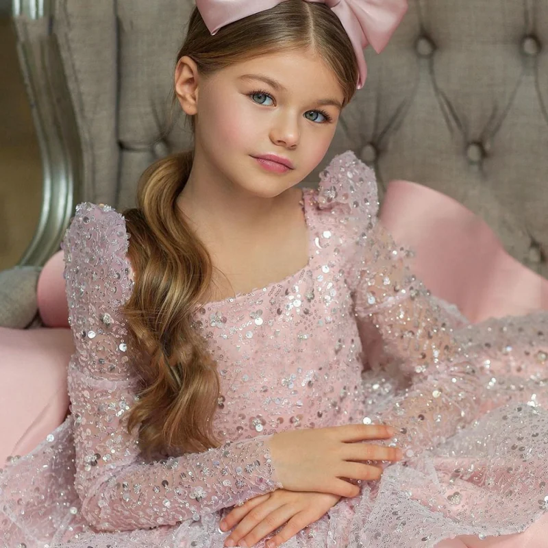 Flower Girl Dresses Champagne Puffy Sequin With Bow Long Sleeves For Wedding Birthday Party Banquet Princess Gowns